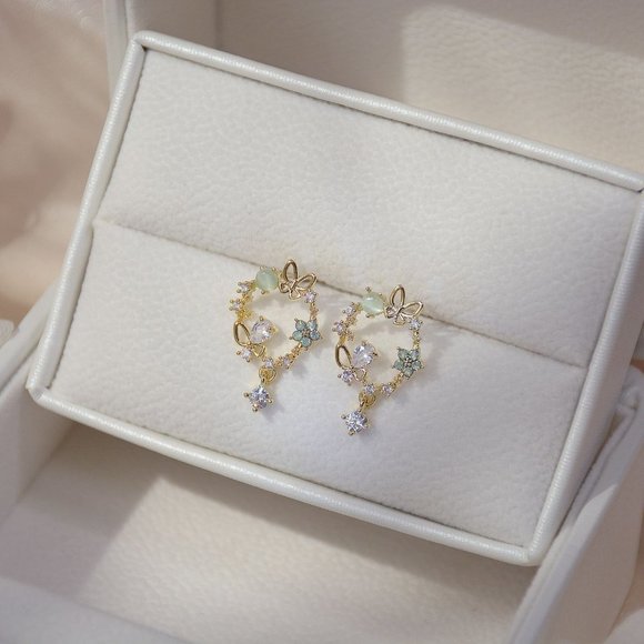 NEW 14K Gold Plated Diamond Flower Butterfly Circle Earrings - Picture 5 of 6